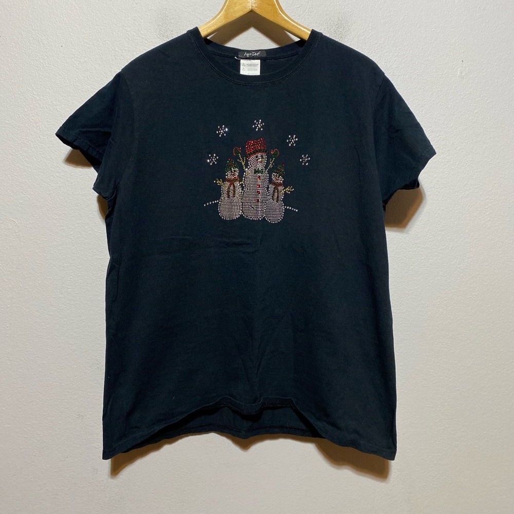 Lynn Dorf Rhinestone Bling Snowman Tee Women’s Large Black Graphic Shirt